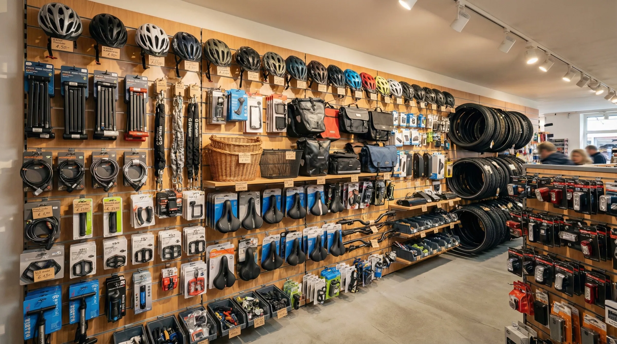 Fahrradzubehör Display – Helme, Schlösser, Taschen, Körbe